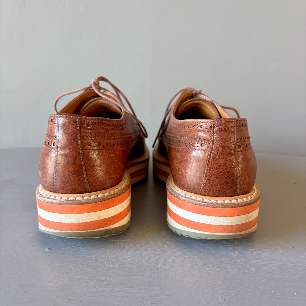 Prada Men's Brown Leather Wingtip Shoes with Striped Platform Sole - Picture 4 of 13